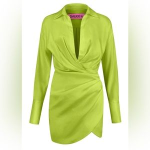 Gauge81 NAHA linen mini dress features a plunging neckline, asymmetric hemline